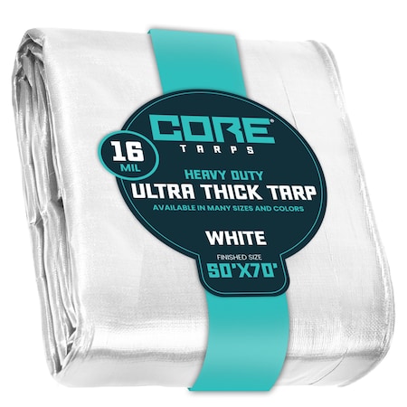 Core Tarps Heavy Duty Tarp, 70 ft L x 0.5 mm H x 50 ft W, 16 Mil, White, Polyethylene CT-304-50X70
